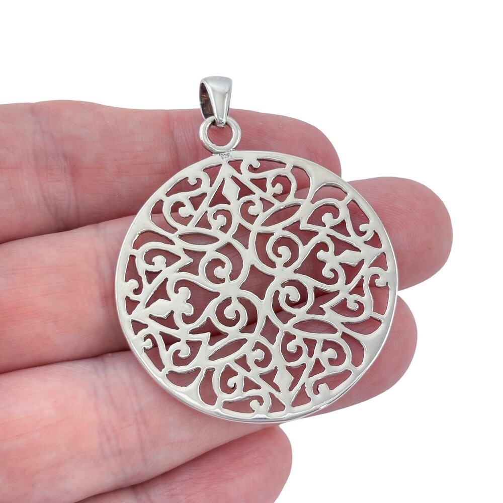 Vintage Sterling Silver 925 Filigree Cutout Disk Pendant